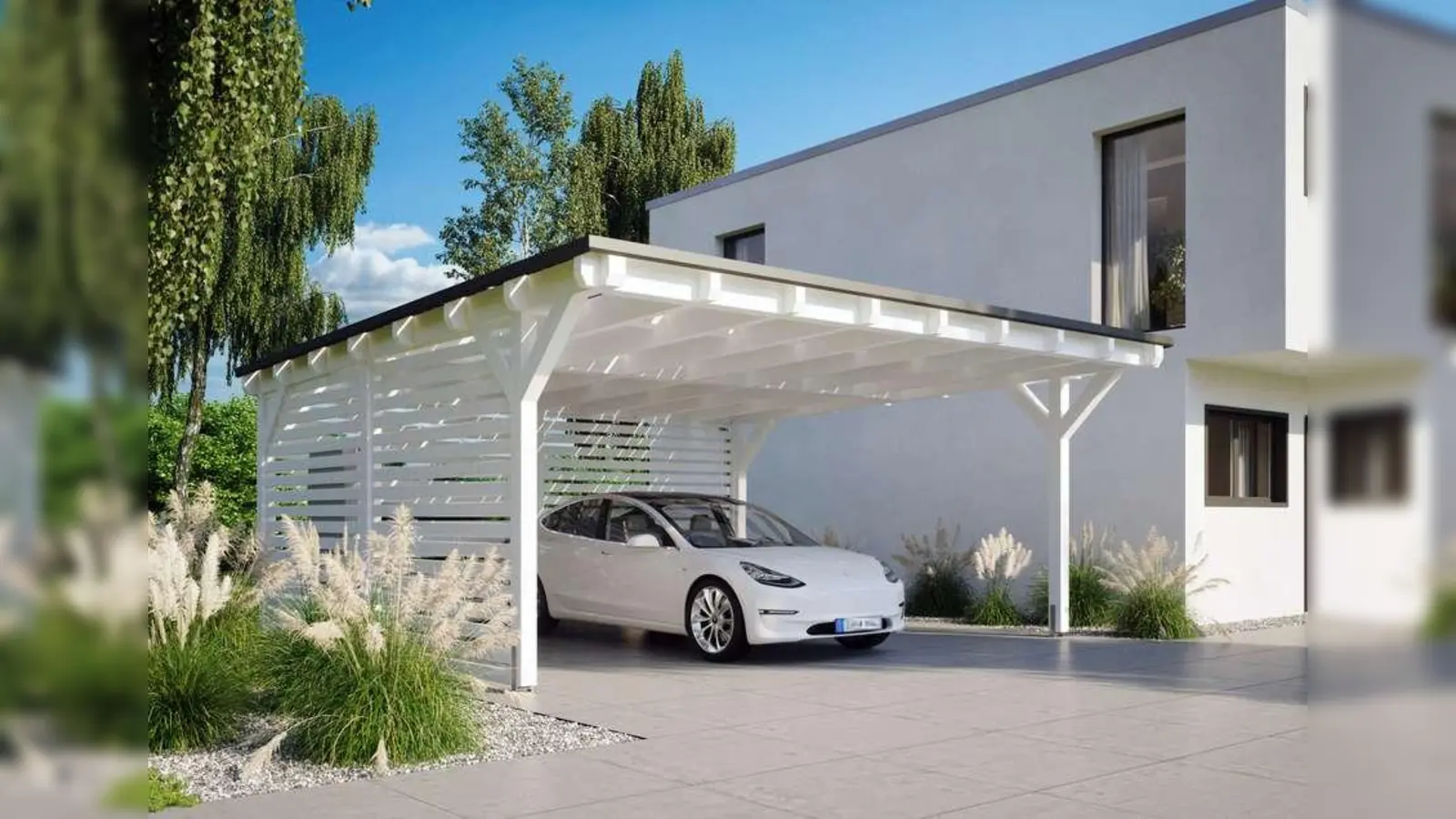 Elektrische Mobilität kommt zunehmend in Fahrt. Mit einem Solardach auf dem Carport lässt sich die Energie fürs Auto selbst produzieren. (Foto: djd/www.solarcarporte.de)