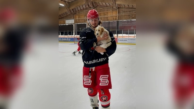 Kanadier Lynnden Pastachak, in Königsbrunn dreifacher Torschütze, am Tag darauf mit seiner Daisy beim Training. (Foto: smg/EHC)