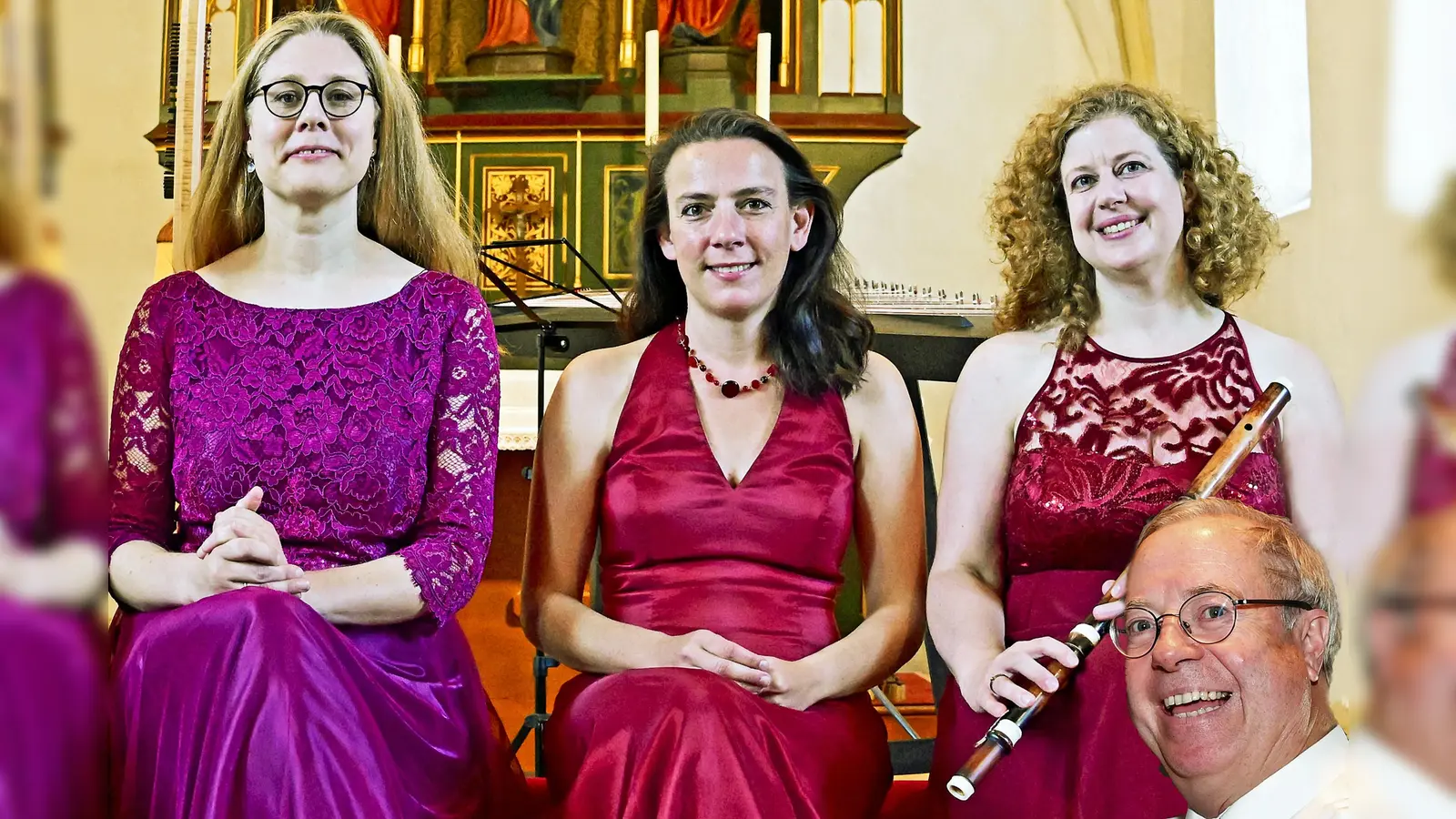 „I Zefiretti“ (v.l.) Regina Frank, Susanne Kaiser, Beate Kiechle gastieren in der St. Jakob zu Gaden und präsentieren stilgerecht Werke des Barock. Wolfgang Kiechle (kl. Bild) spielt die wertvolle Orgel. (Foto: Lex)