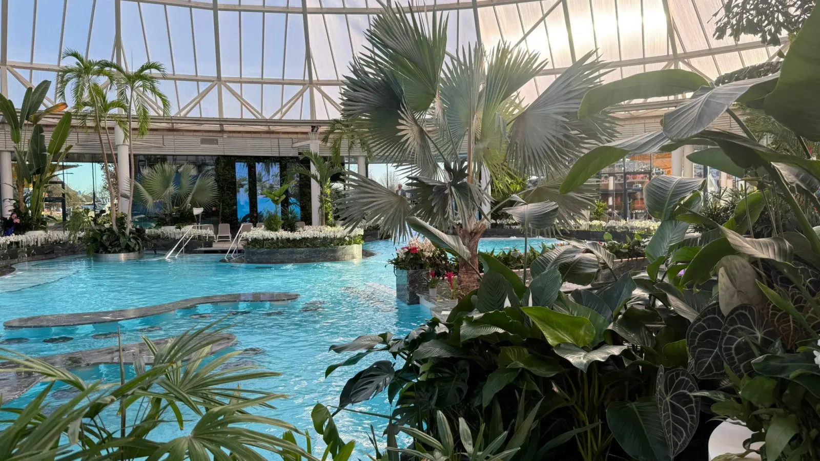 Der Hauptbereich der Therme ist komplett neu gestaltet. Sitzbereiche im Wasser laden zum Verweilen ein. (Foto: mic)