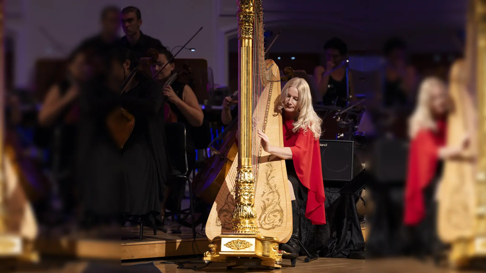 Die Harfenistin Evelyn Huber gibt ein Konzert am Rokoko Pavillon in Ottenhofen. (Foto: Evelyn Huber Orchester)