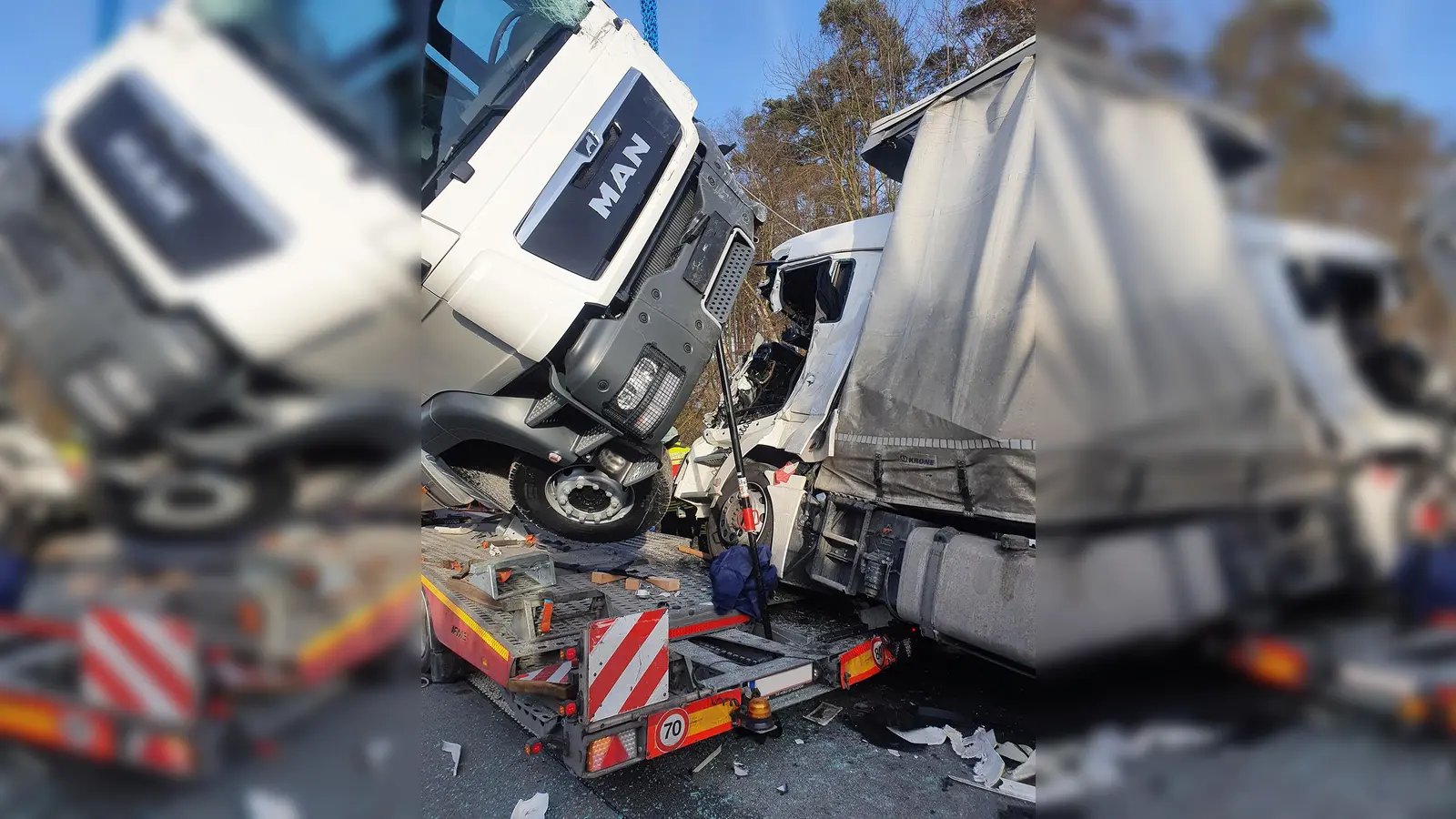 Die LKW waren buchstäblich ineinander verkeilt. Ein schwerverletzter Fahrer konnte erst nach eineinhalb Stunden befreit werden. (Foto: THW FS Aßmann)